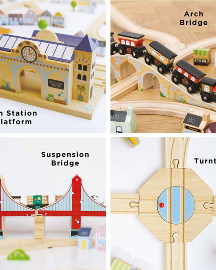 Wooden train set with various components including a station, bridges, and a turntable.