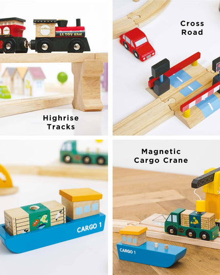 Wooden toy train set with highrise tracks, cross road, magnetic cargo crane, and cargo ship.