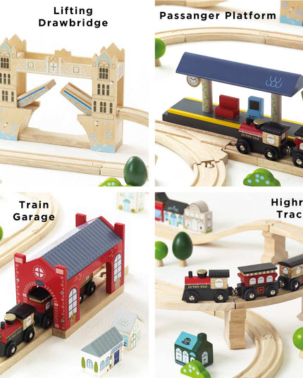 Wooden toy train set with various components labeled on a white background.