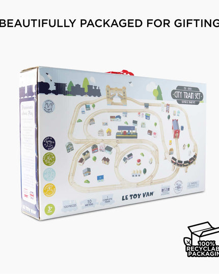Le Toy Van toy train set packaging on a white background with text 'Beautifully packaged for gifting'.
