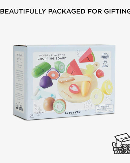 Box of Le Toy Van wooden play food set with colorful illustrations on a white background
