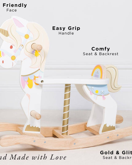 Wooden rocking horse with unicorn design on a white background, featuring text about its features.