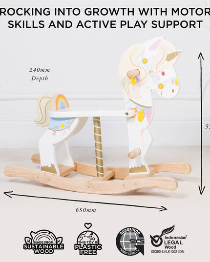 Wooden rocking horse with measurements and sustainability certifications on a white background