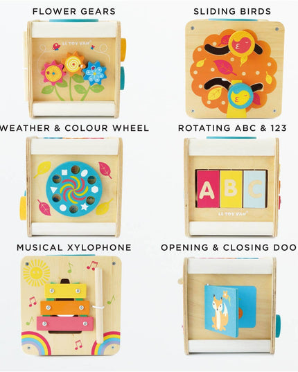 Collection of wooden educational toys with various interactive features on a white background.