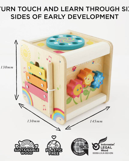Wooden educational toy with colorful designs and measurements on a white background
