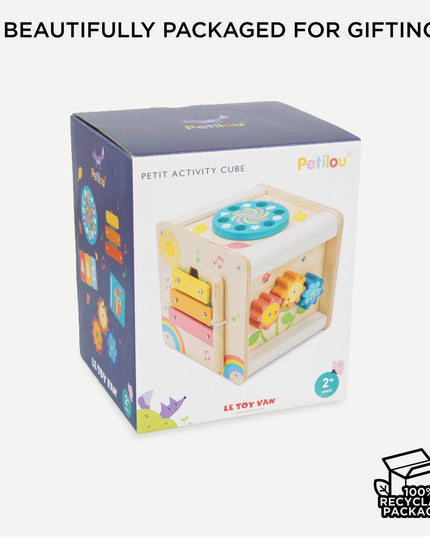 Petit Activity Cube packaging with colorful design and 'Petilou' branding on a white background.