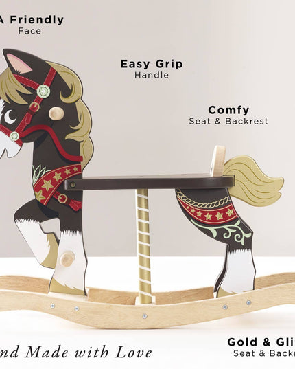 Wooden rocking horse with features highlighted on a light gray background