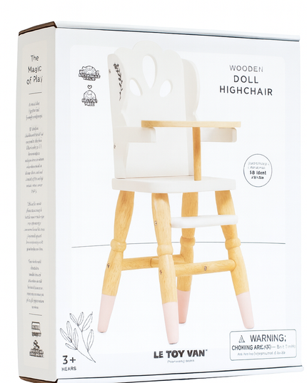 Le Toy Van wooden doll highchair packaging on a white background