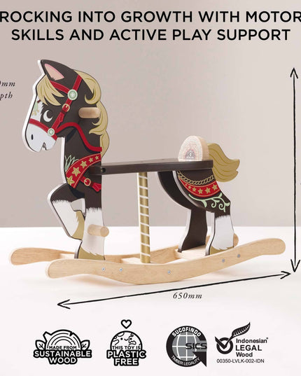 Wooden rocking horse with dimensions and sustainability certifications on a light background