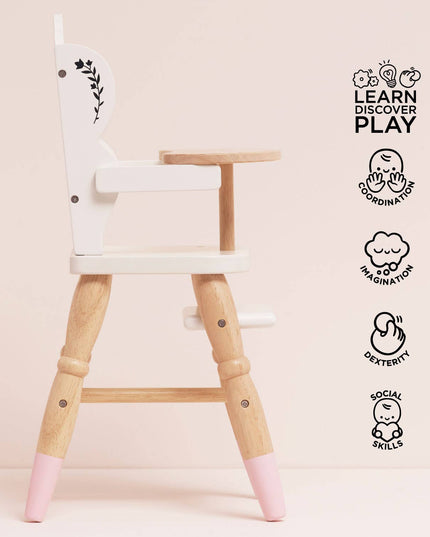 Wooden high chair with pink accents on a beige background, featuring icons and text about development.