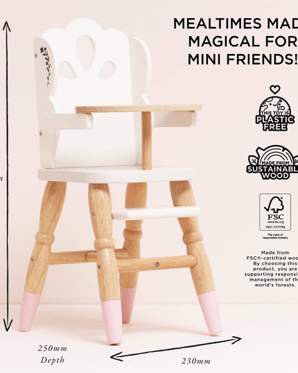 Wooden high chair with white seat and pink legs, dimensions indicated, and sustainability logos on a light pink background.