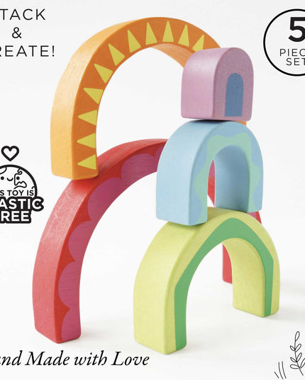 Set of colorful wooden arch-shaped blocks with 'This Toy is Plastic Free' logo on a white background.