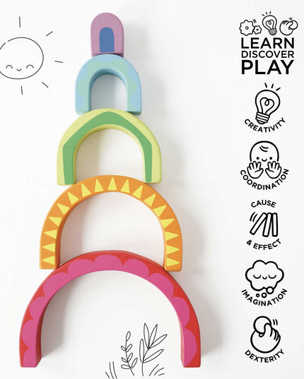 Set of colorful arch-shaped toys with educational icons and text on a white background