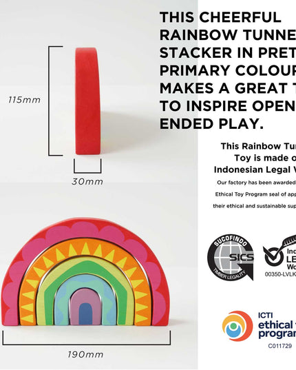 Rainbow tunnel stacker toy with dimensions and certification logos on a white background