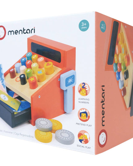 Mentari toy packaging with colorful components on a white background