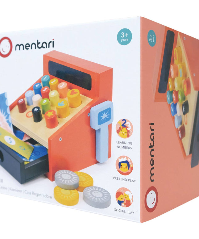 Mentari toy packaging with colorful components on a white background
