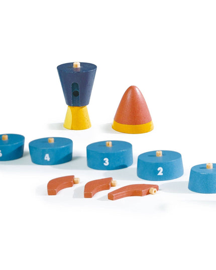 Colorful educational toy set with numbered blue blocks and various shapes on a white background