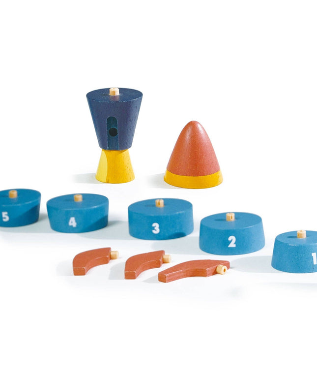 Colorful educational toy set with numbered blue blocks and various shapes on a white background