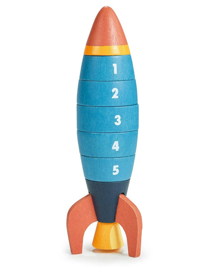 Wooden toy rocket with numbered segments on a white background