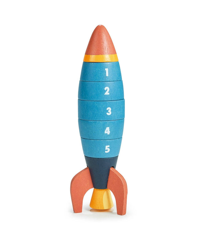 Wooden toy rocket with numbered segments on a white background