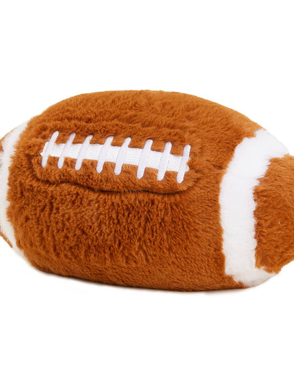 Plush football toy with brown and white colors on a white background