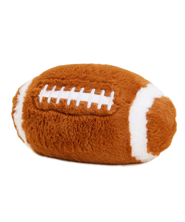 Plush football toy with brown and white colors on a white background