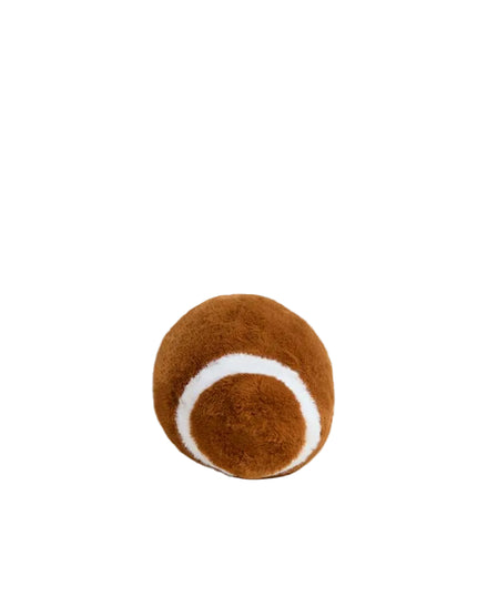 Plush football toy with brown and white colors on a white background