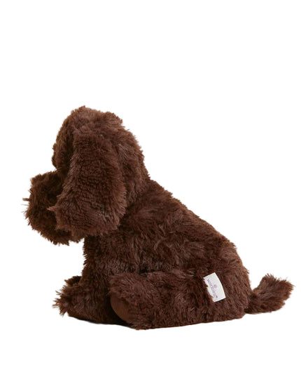 Brown plush dog toy on a white background