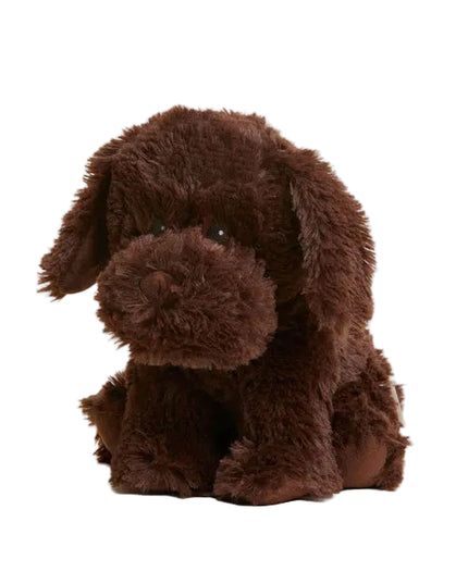 Brown plush dog toy on a white background