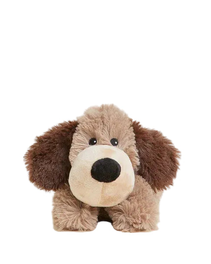 Plush dog toy with brown and beige colors on a white background