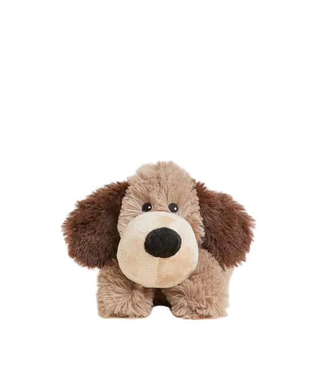 Plush dog toy with brown and beige colors on a white background