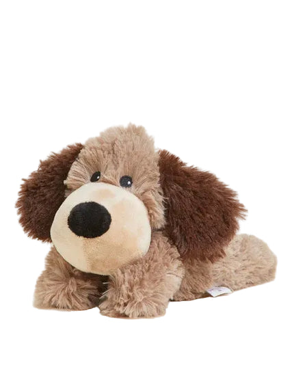 Plush dog toy with brown and beige colors on a white background