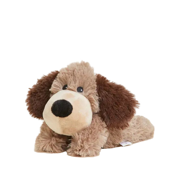 Plush dog toy with brown and beige colors on a white background