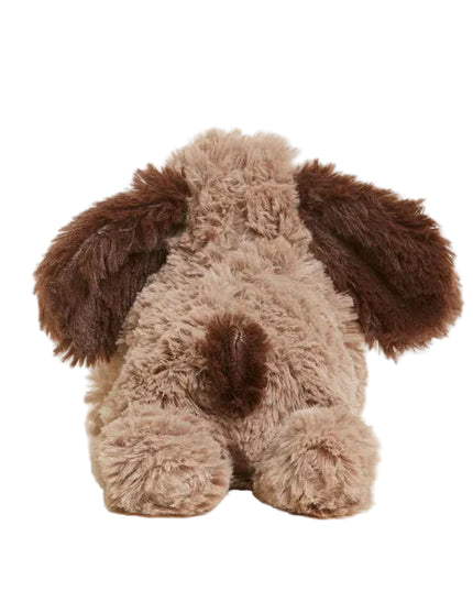 Plush dog toy with brown and beige colors on a white background