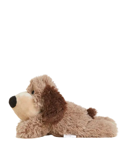 Plush dog toy with brown and beige colors on a white background