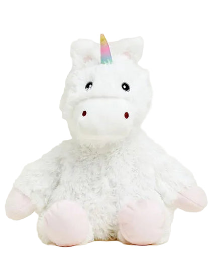 Plush unicorn toy with a rainbow horn on a white background