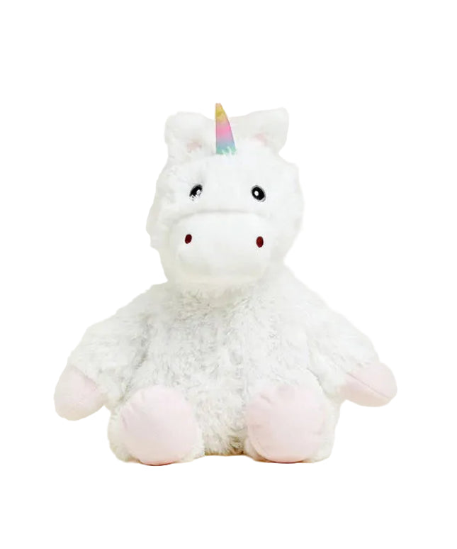 Plush unicorn toy with a rainbow horn on a white background