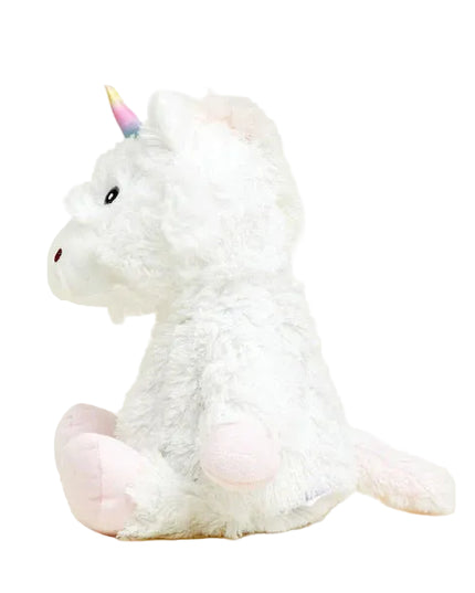 Plush unicorn toy with a rainbow horn on a white background