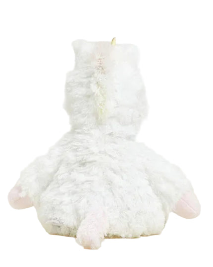 Plush unicorn toy with a rainbow horn on a white background