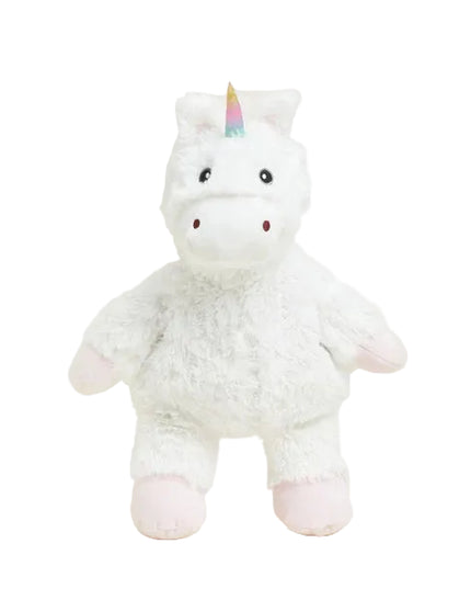 Plush unicorn toy with a rainbow horn on a white background