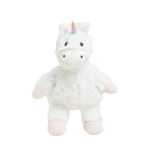 Plush unicorn toy with a rainbow horn on a white background