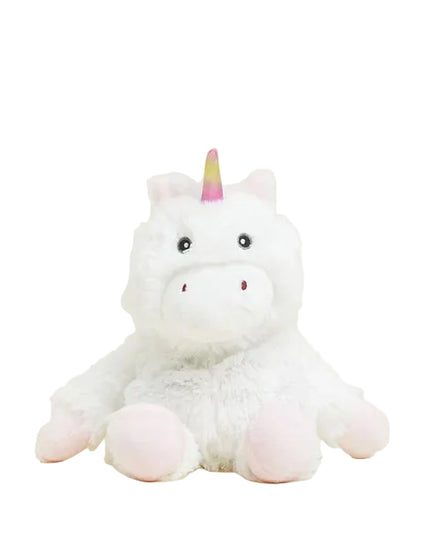 Plush unicorn toy with a white body, pink hooves, and a multicolored horn on a white background