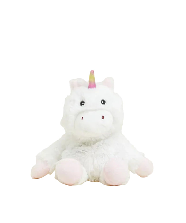 Plush unicorn toy with a white body, pink hooves, and a multicolored horn on a white background
