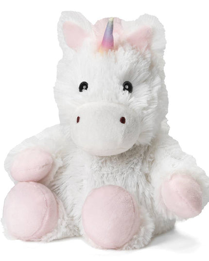 Plush unicorn toy with a white body, pink hooves, and a multicolored horn on a white background
