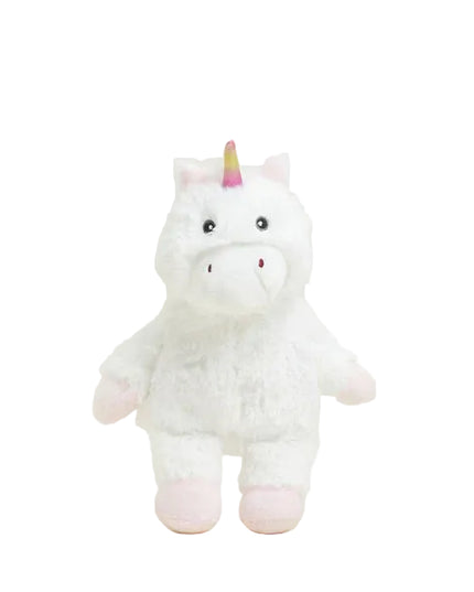 Plush unicorn toy with a white body, pink hooves, and a multicolored horn on a white background