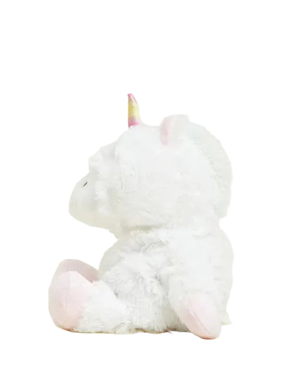 Plush unicorn toy with a white body, pink hooves, and a multicolored horn on a white background