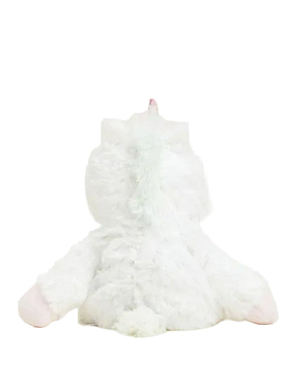 Plush unicorn toy with a white body, pink hooves, and a multicolored horn on a white background