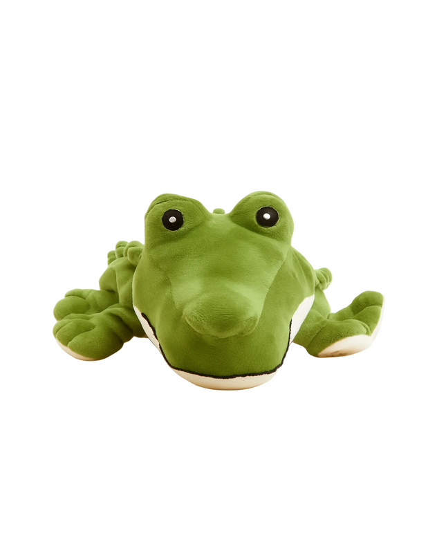 Green plush alligator on a white background
