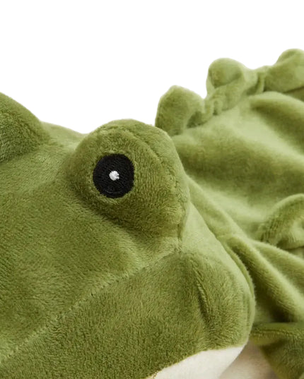 Close-up of a green plush alligator Warmie