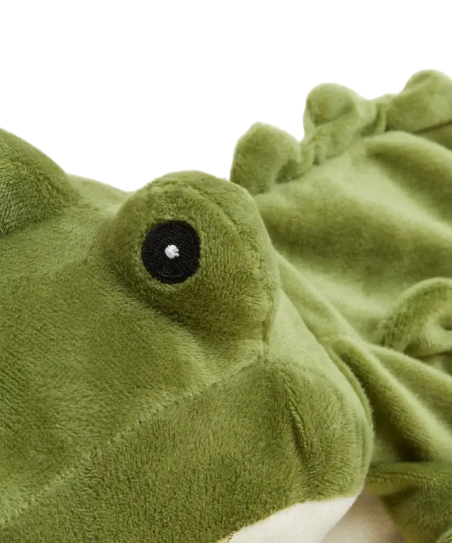 Close-up of a green plush alligator Warmie